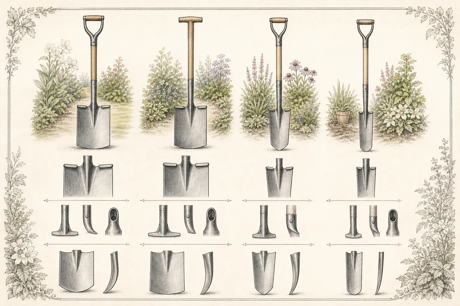 Technical plate of border spade, full garden spade, pointed digging spade, treads, shafts, and handle shapes