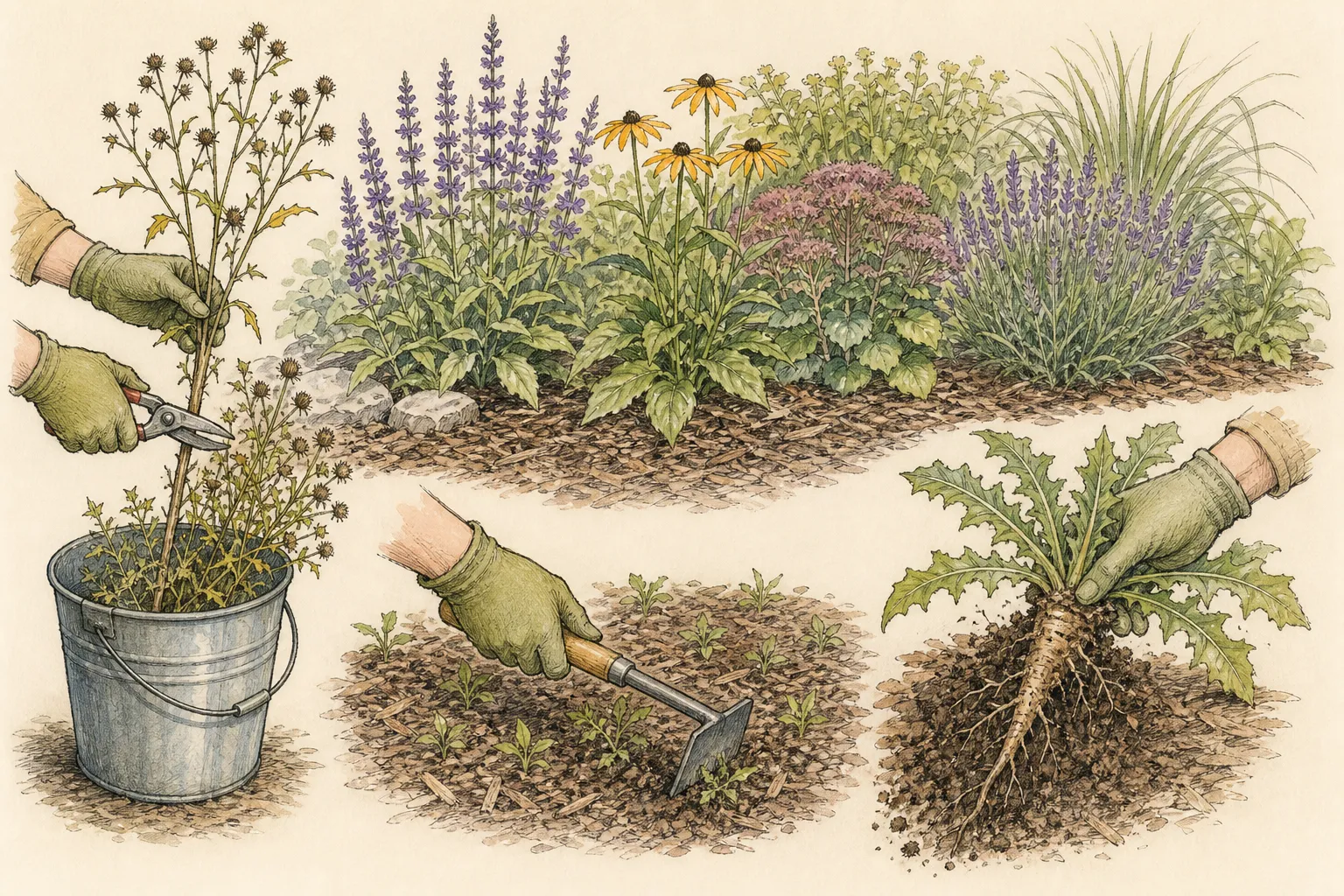 A flowering annual weed has its seed head bagged before pulling while a perennial weed is loosened with roots traced among ornamental crowns