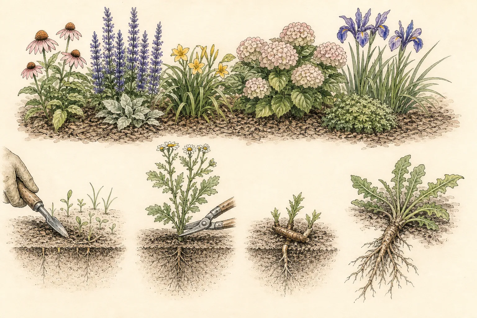 Young weeds are removed from moist soil before flowering while a later perennial root section is shown resprouting from fragments left behind