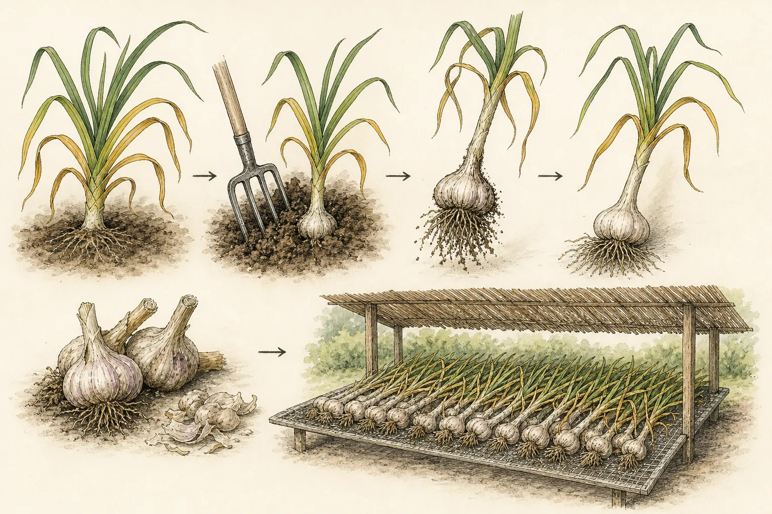 A garlic plant with several lower leaves brown is loosened with a fork, lifted by hand, and transferred intact to a shaded slatted curing rack
