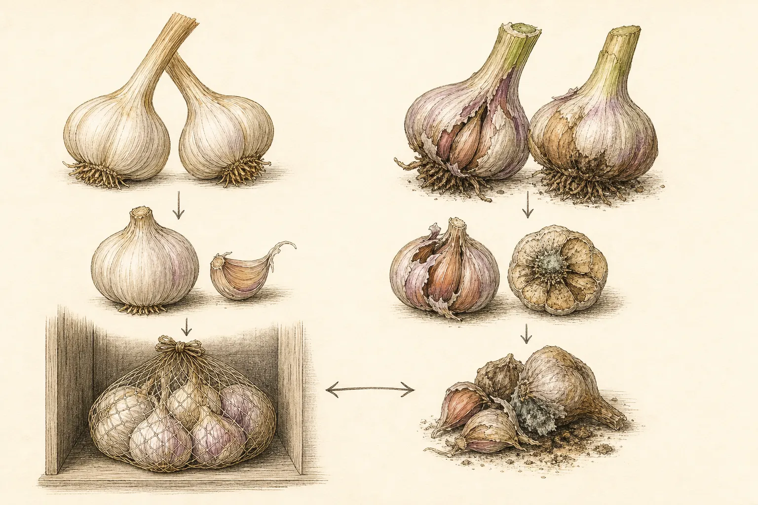 Cured garlic bulbs are compared for dry necks and intact wrappers, while a bruised soft bulb is separated for immediate use