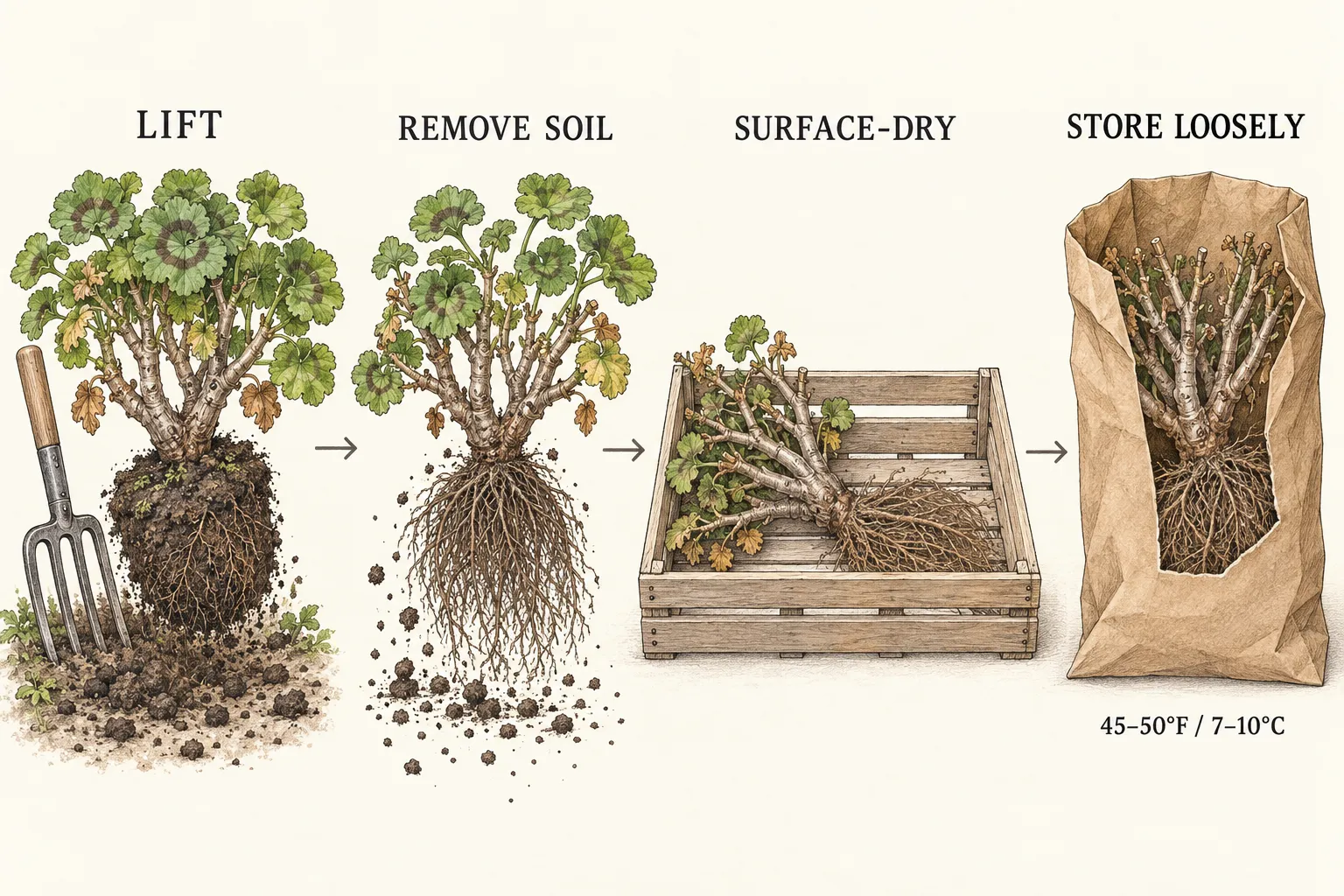 Four drawings show lifting a geranium, removing loose soil, surface-drying in an open crate and loose paper-sack storage at 45–50°F
