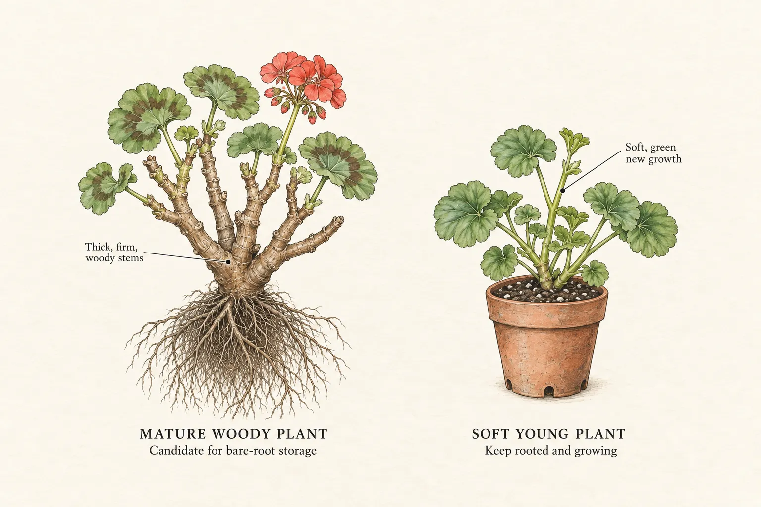 Comparison of a mature woody zonal Pelargonium with exposed roots and a young soft-stemmed plant retained in its pot