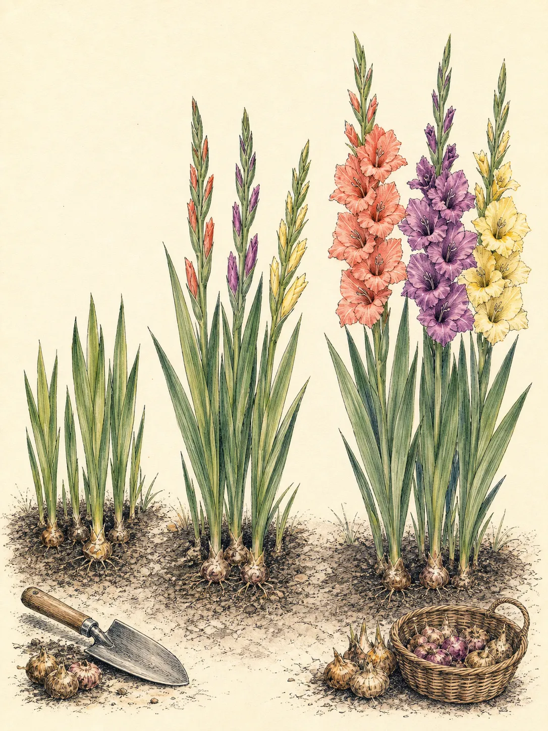Small garden groups of gladiolus at emerging, developing-spike and flowering stages