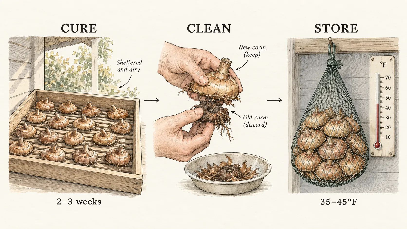 Three illustrated stages show gladiolus corms curing in a tray, old corm removal, and ventilated storage at 35–45°F
