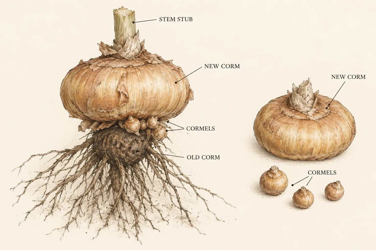 Labeled gladiolus specimen shows a plump replacement corm above its shriveled old corm, with small cormels and a cut stem stub