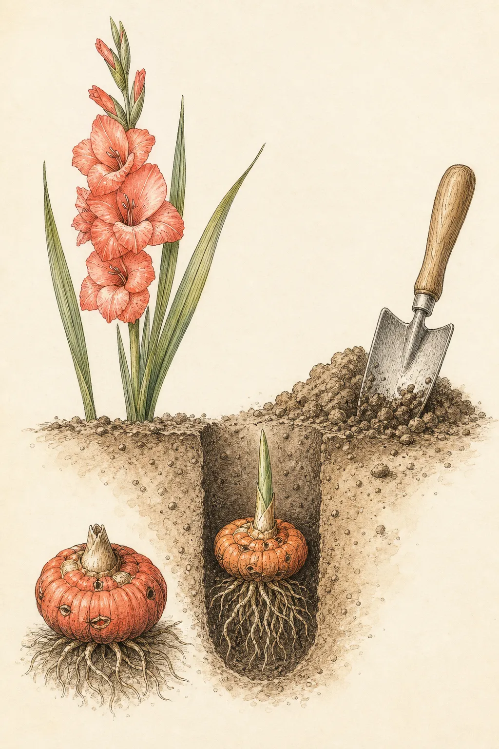 Gladiolus corm oriented growing-tip up beside a narrow planting hole and an emerging sword-shaped shoot