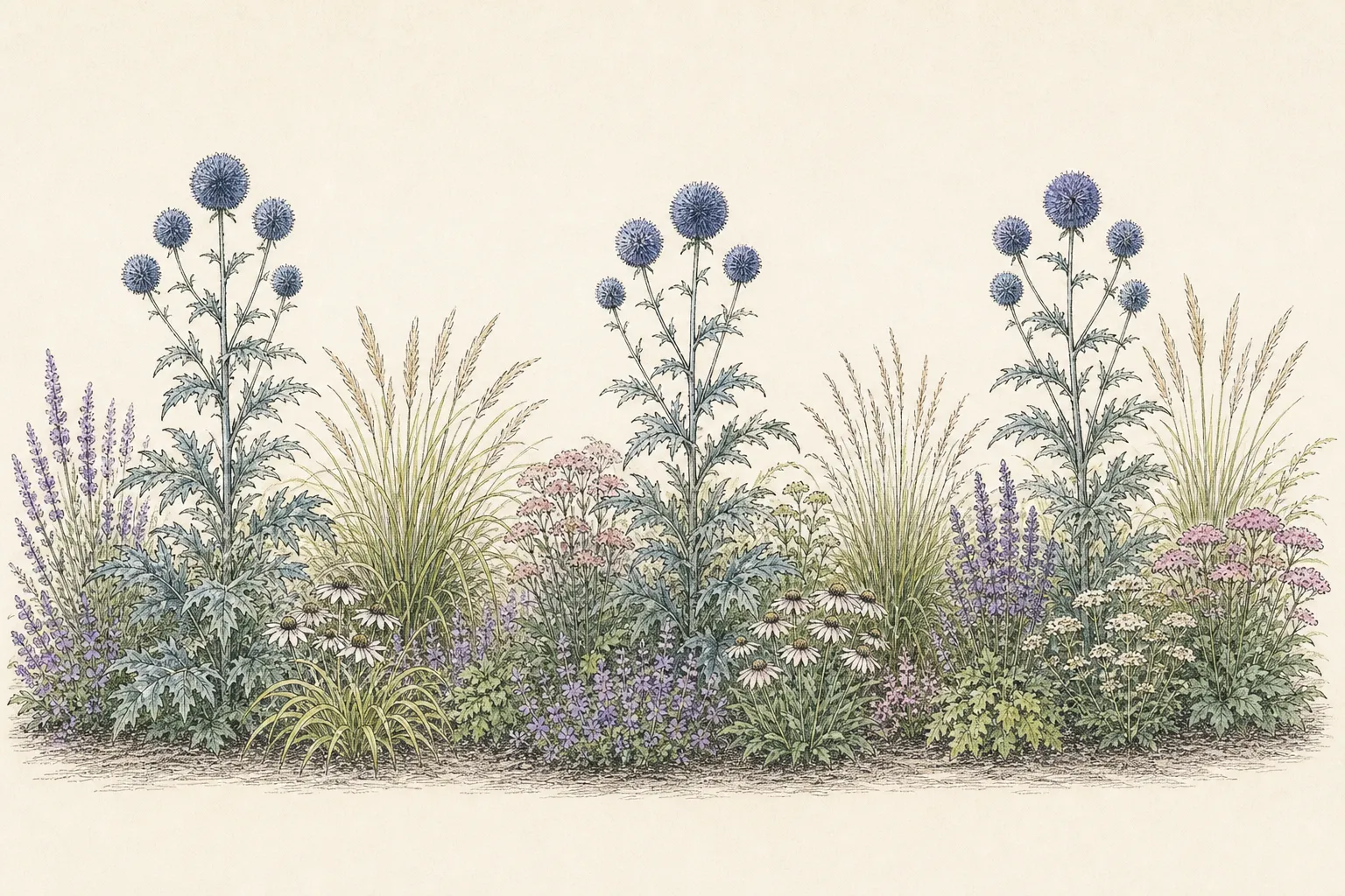 Garden study showing the placement and growth habit of Globe Thistle