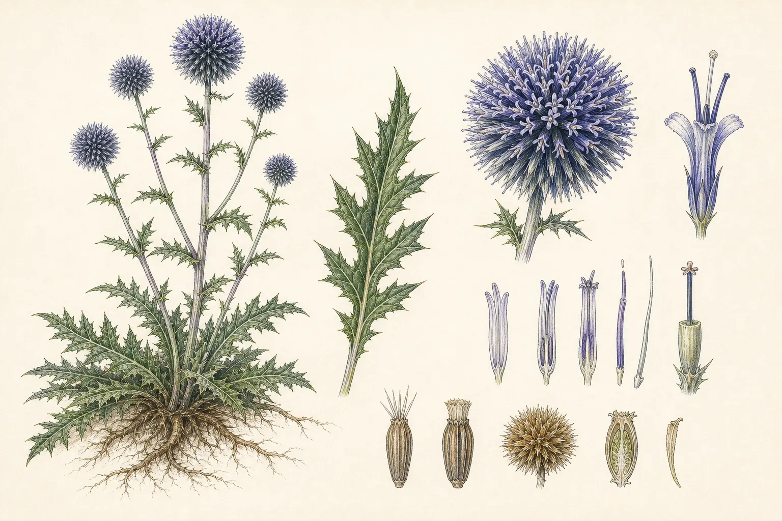 Botanical identification plate of Globe Thistle, Echinops ritro