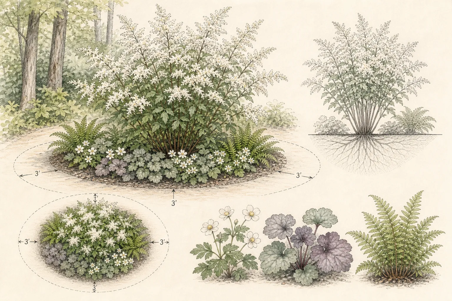 Garden study showing the placement and growth habit of Goat’s Beard