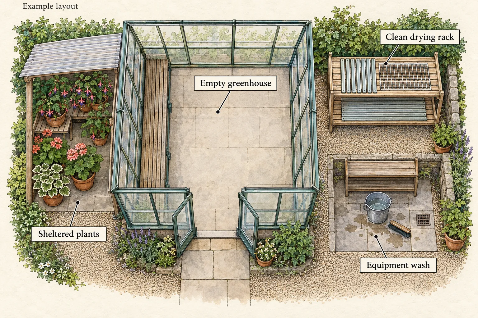 Example overhead layout separates an emptied greenhouse, sheltered pots, equipment washing and a clean drying rack beside a clear path