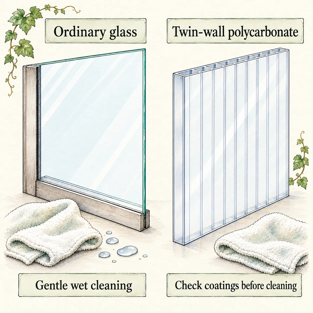 Ordinary glass and twin-wall polycarbonate samples beside soft cloths, with the plastic’s parallel channels visible at its cut edge