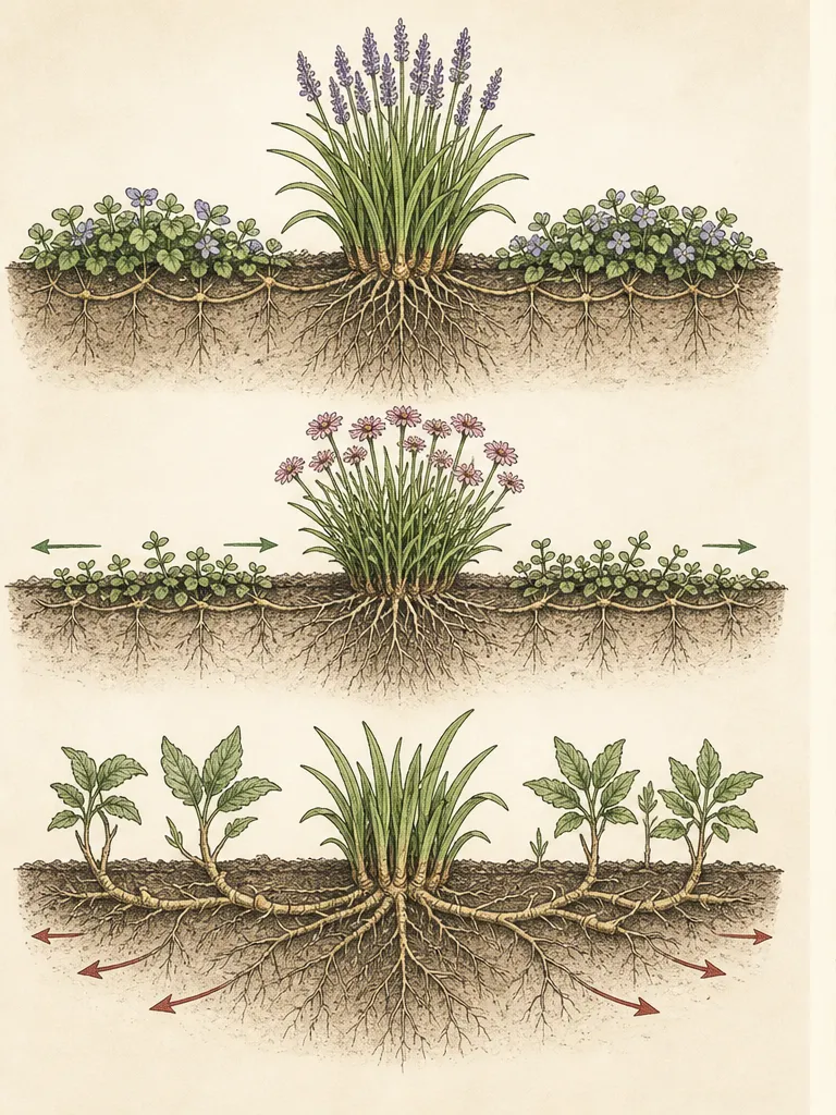 Overhead planting plan with mature perennial crown islands, an access seam, and separate groundcover expansion cells