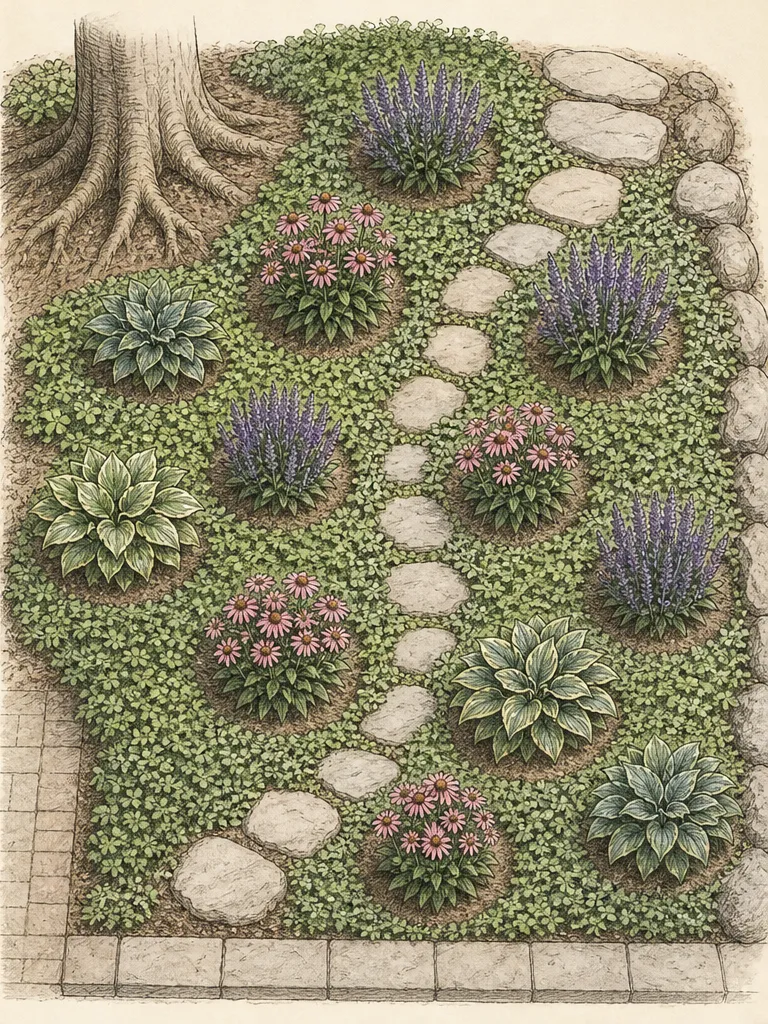 Section through a perennial crown showing clear stem bases, shallow mulch, clipped surface runners, and a firm maintenance edge