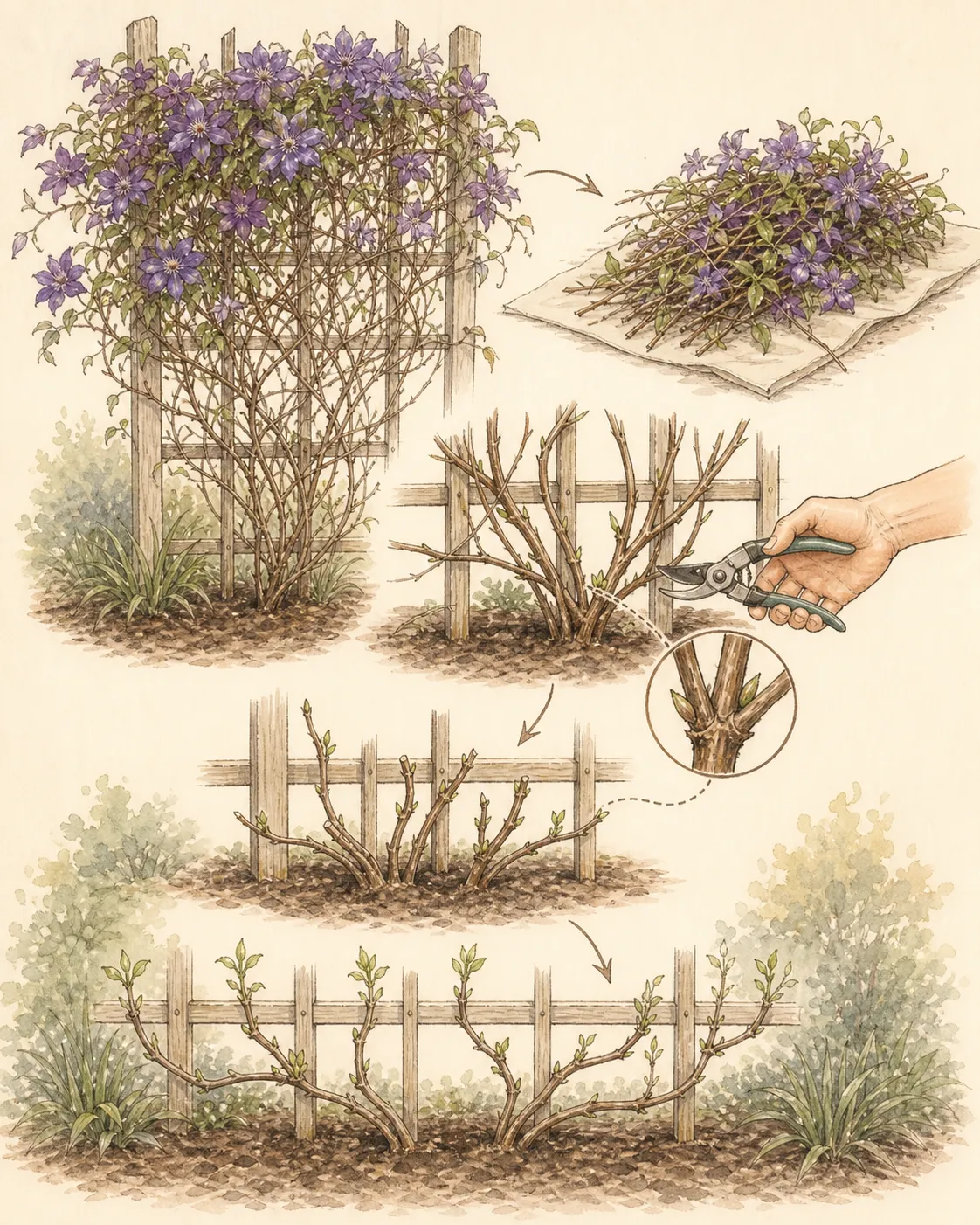 Botanical sequence tracing old Group 3 clematis stems to low healthy buds, making cuts, and showing new shoots rising from the retained framework