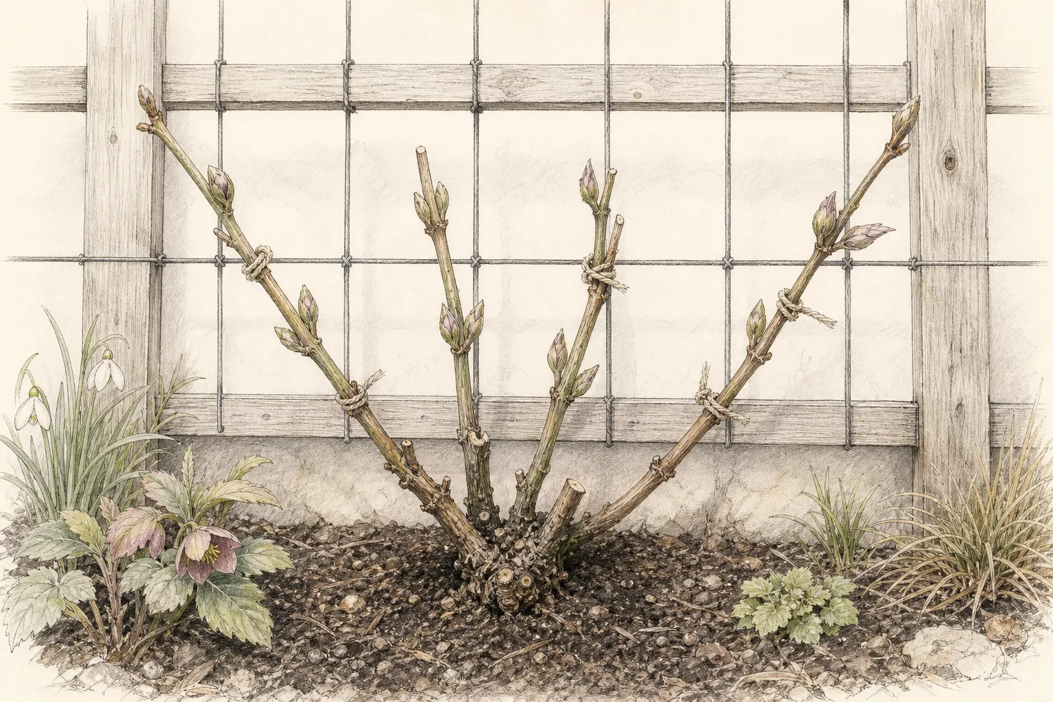 Detail of young clematis leaf stalks reaching fine horizontal and vertical support wires with loose guidance ties