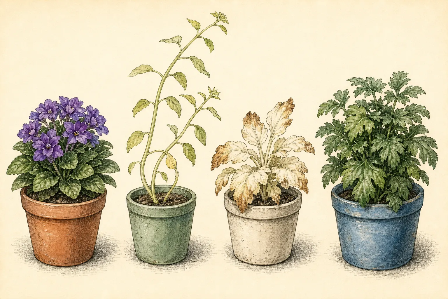 Comparison of compact well-lit pelargonium and coleus stock plants beside leggy pale growth, scorched leaves, and a flowering plant that stayed leafy but never set buds