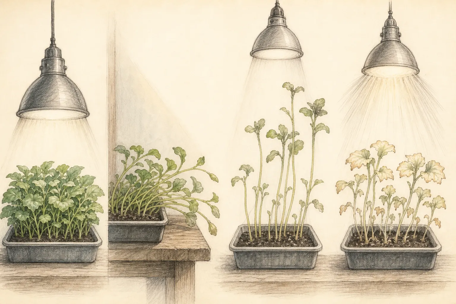 Comparison of compact evenly lit flower seedlings, elongated center-facing edge seedlings, leaf scorch under a hot spot, and mixed-height canopy shading