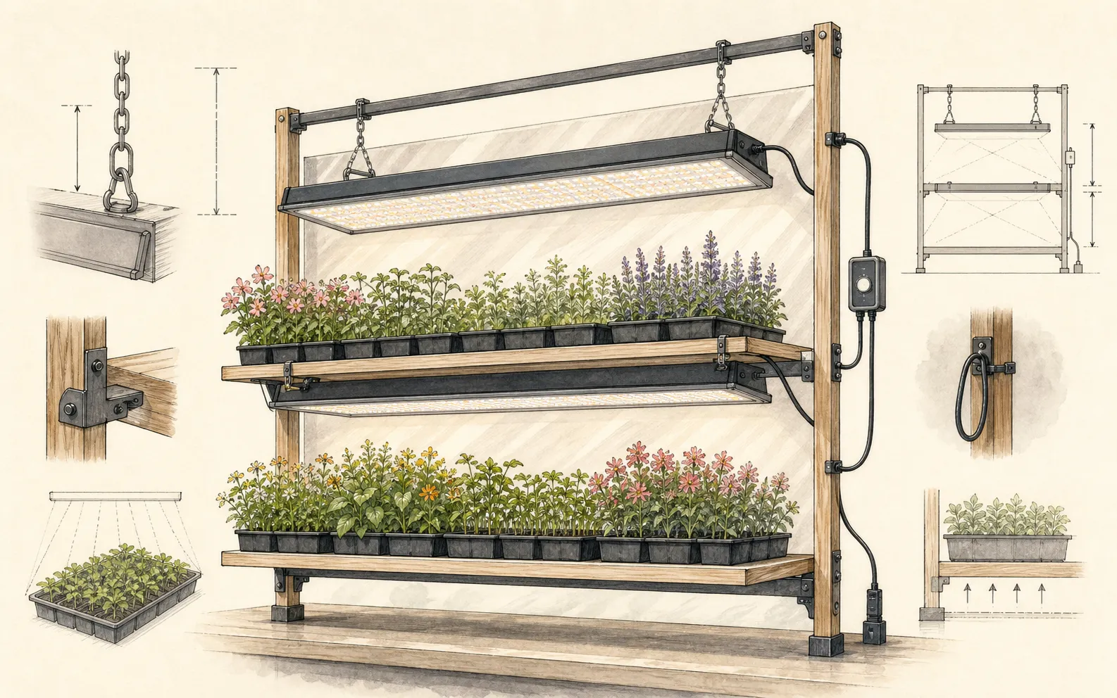 Measured grow-light shelf elevation showing fixture footprint, adjustable suspension, seedling canopy, waterproof tray, timer, drip loops, and ventilation clearance