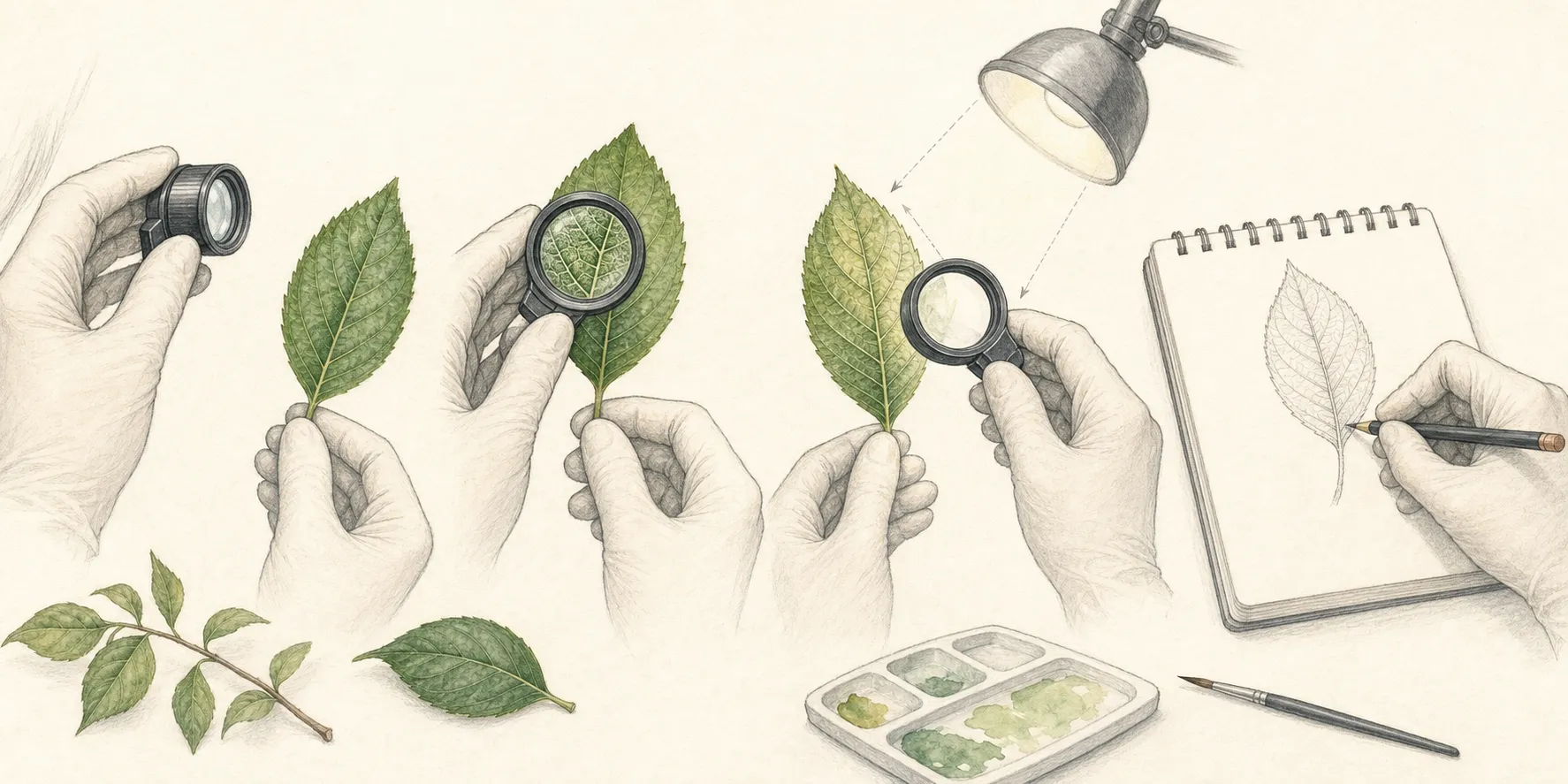 Hands holding a lens close to the eye, bringing a leaf into focus, changing light angle, and recording the observation