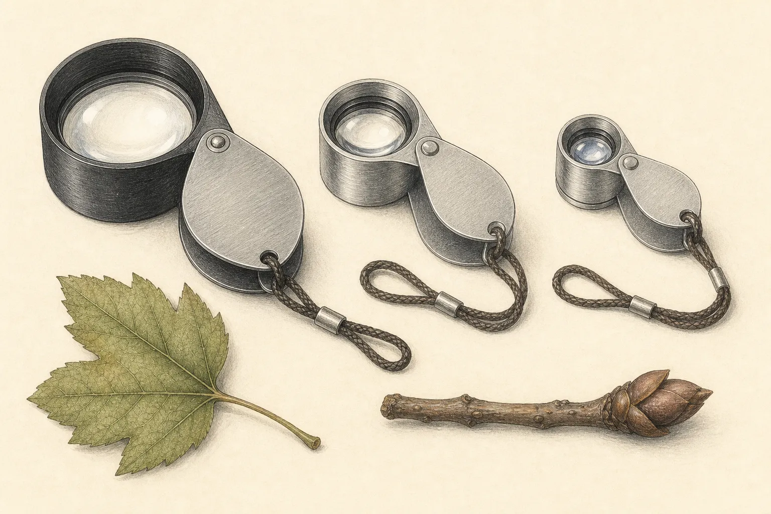 Scientific tool plate of broad 10x, compact doublet, and small higher-magnification triplet hand lenses with leaf and bud specimens