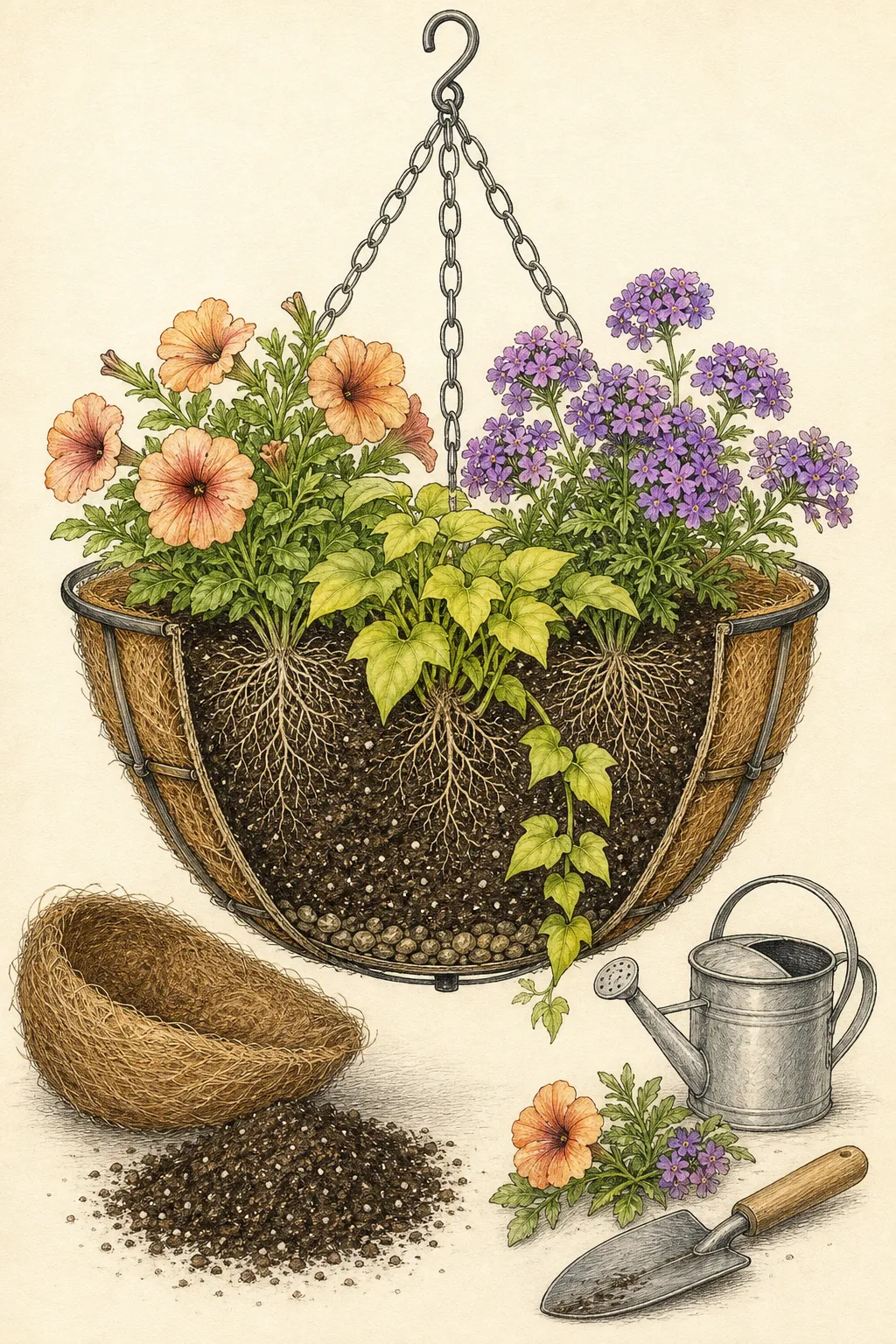 Coir-lined hanging basket cutaway showing separate root balls, deep potting mix, open drainage and a usable watering lip