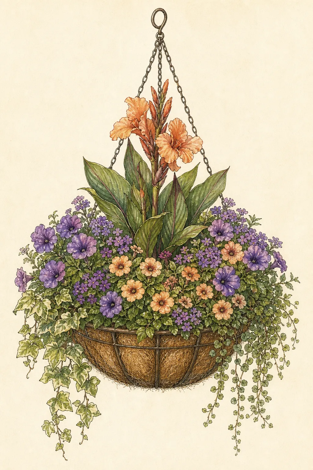 Established flowering hanging basket with balanced upright, mounding and trailing growth, shown with watering tools
