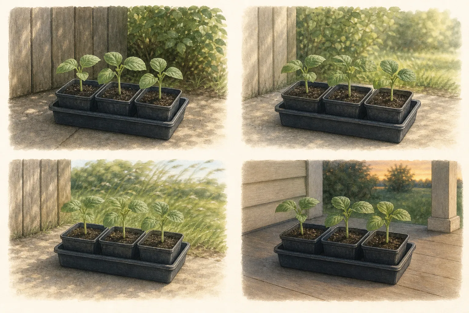 Four scenes show the same young seedlings in sheltered shade, brighter sheltered exposure, brighter light with gentle air movement, and porch protection at dusk