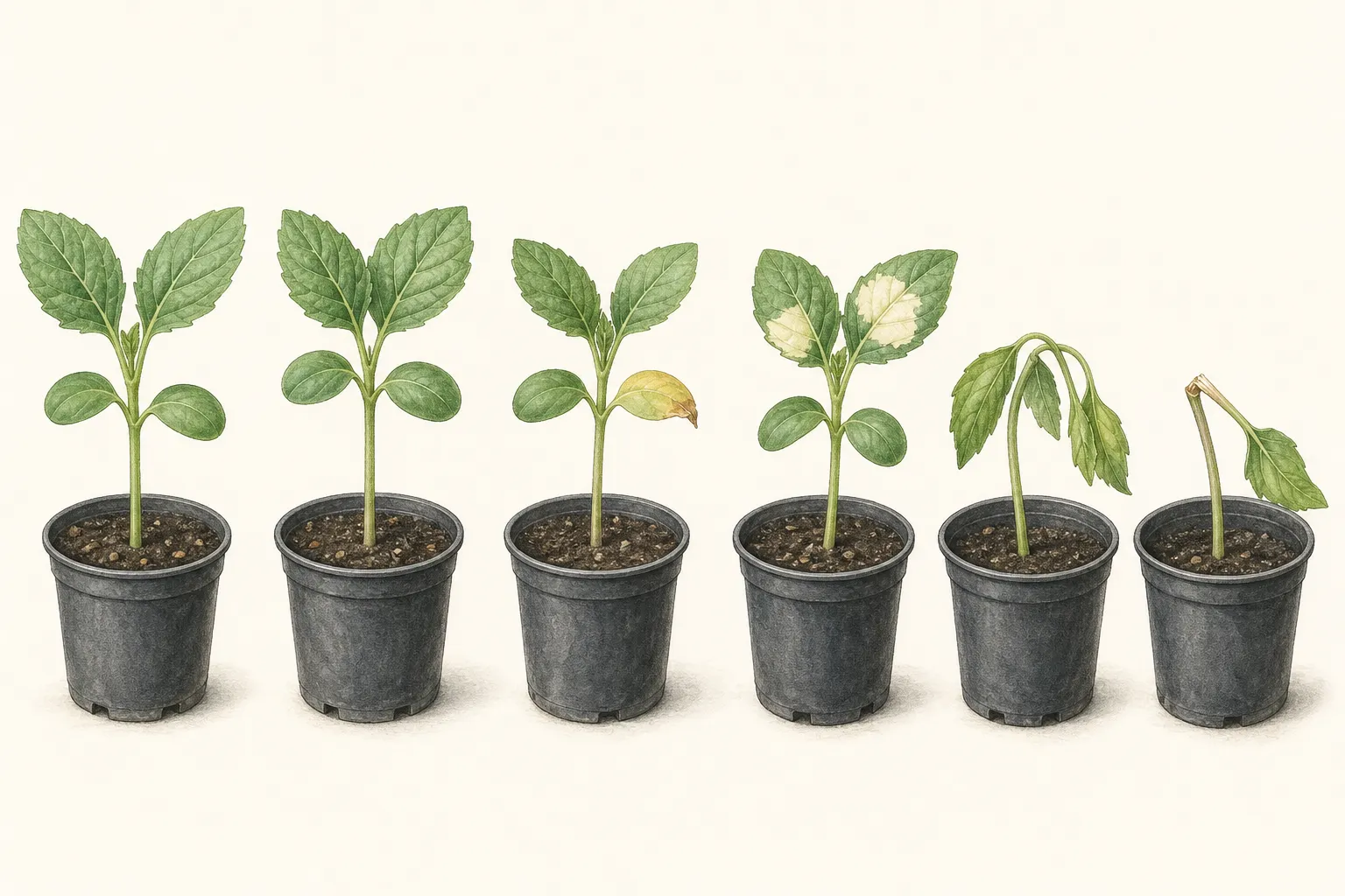 Young seedlings compared as upright and intact, showing one limited older-leaf change, and showing broad pale injury, continuing wilt, or a broken stem