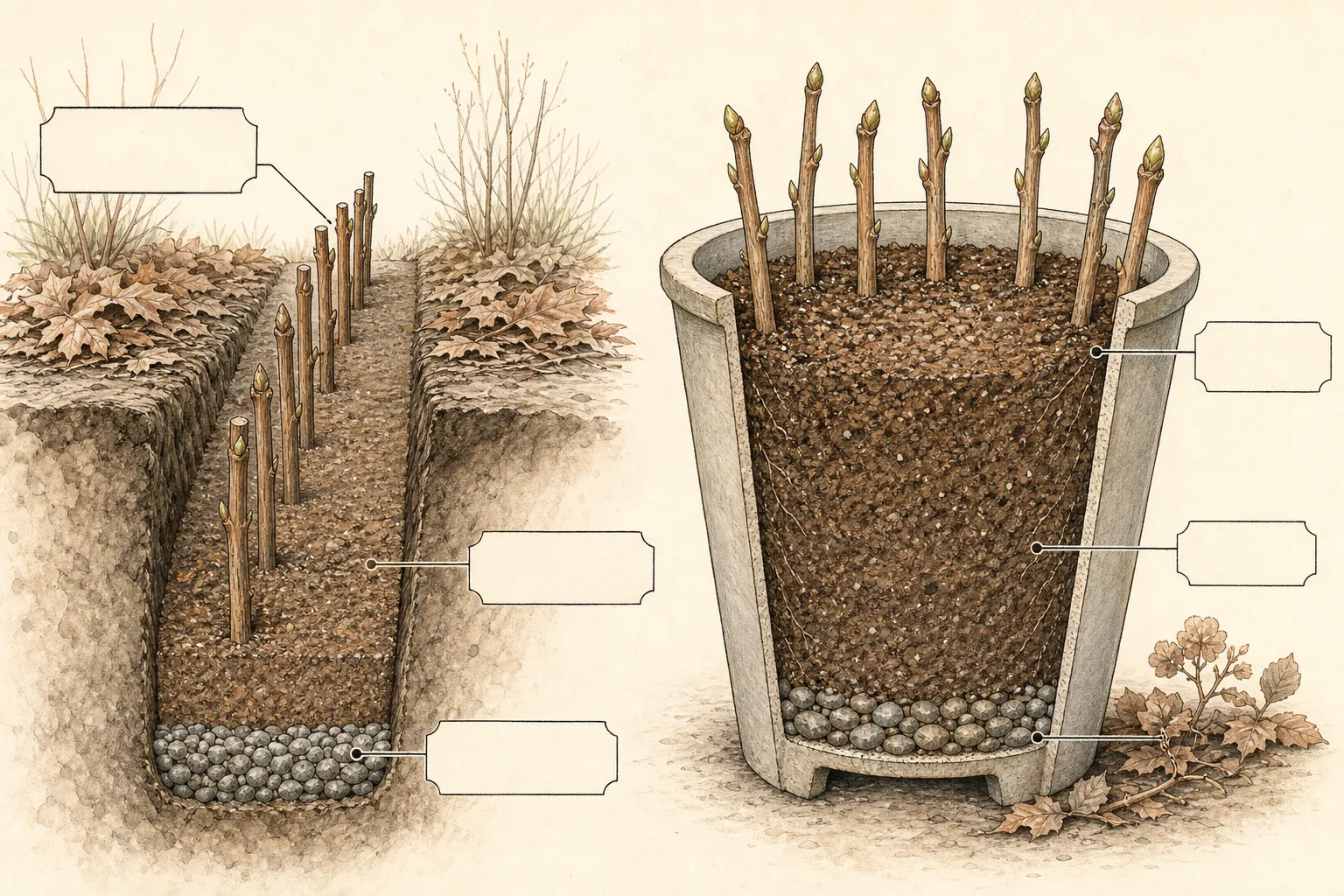 Split illustration of hardwood cuttings spaced in a sheltered trench and around the edge of a deep container