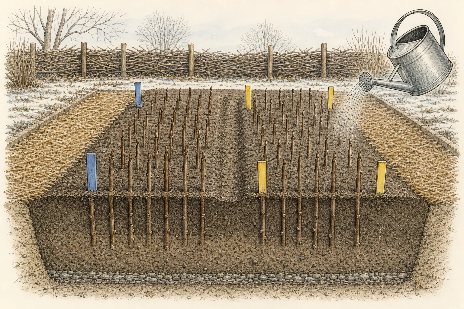 Outdoor winter nursery row with two separately staked batches of upright dormant cuttings inserted deeply in draining soil, a distant windbreak, and mulch between rows