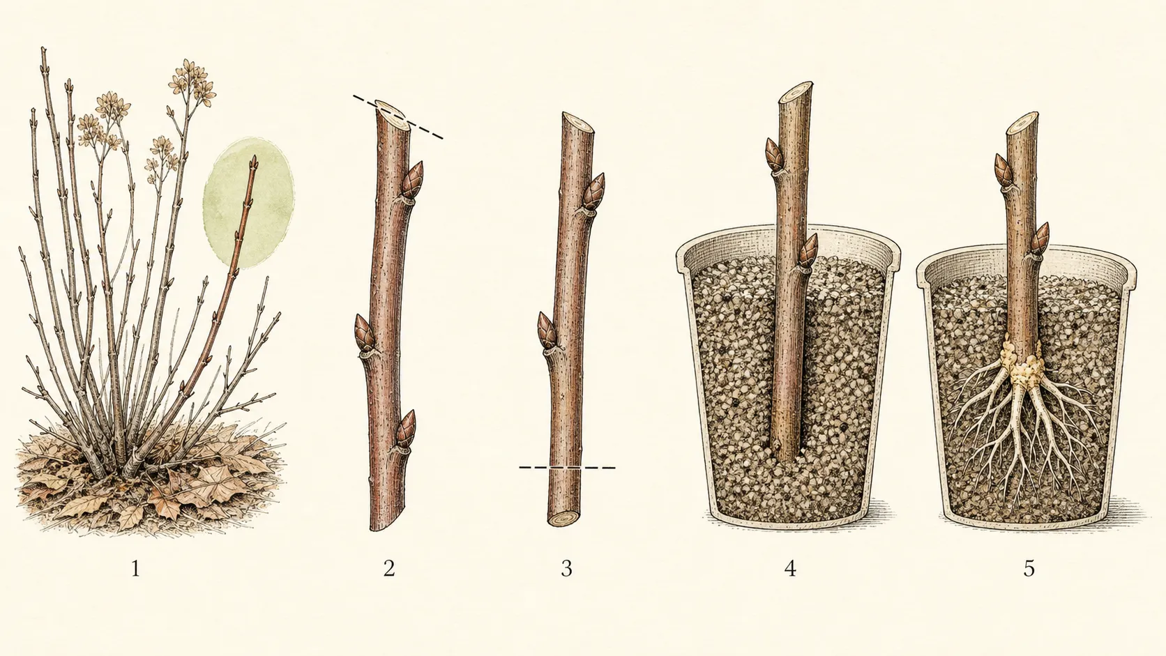 Five-stage botanical sequence showing dormant shoot selection, top and basal cuts, correct orientation, insertion and root formation