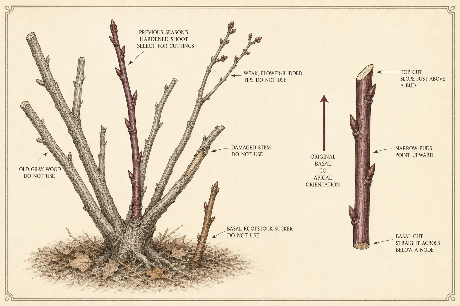 Labeled dormant-shrub plate distinguishing the previous season's hardened shoot from old wood, weak flower-budded tips, damaged stem, rootstock sucker, and a correctly oriented straight cutting