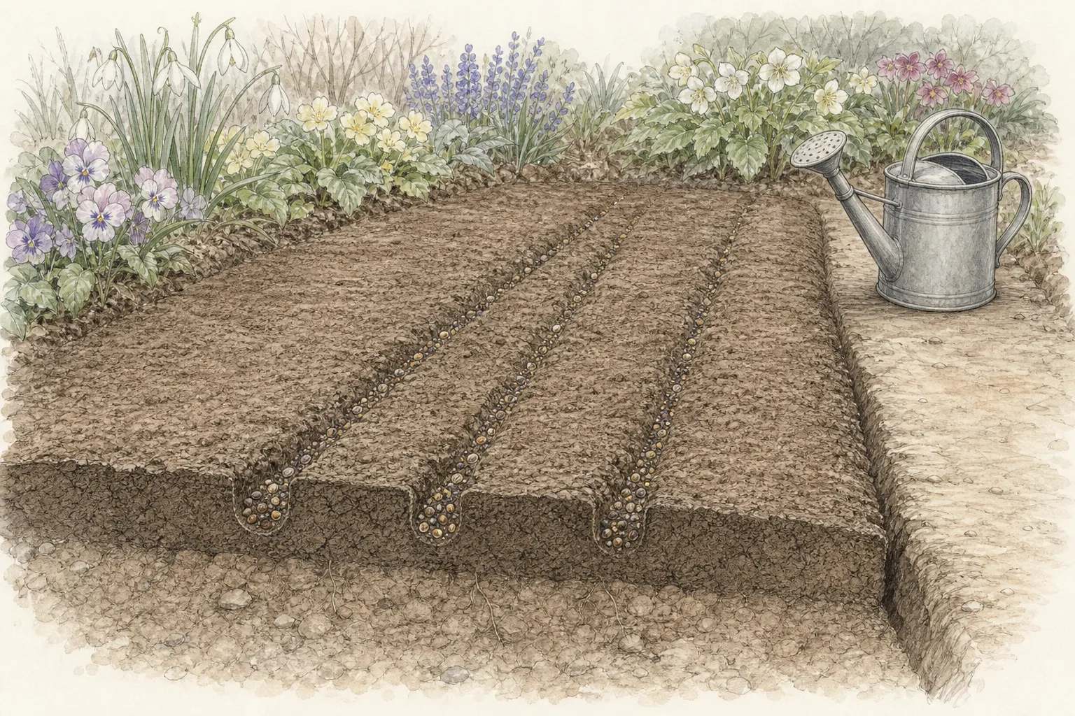 Prepared ornamental flower seedbed with shallow drills, thin seed distribution, light covering and a rose watering can