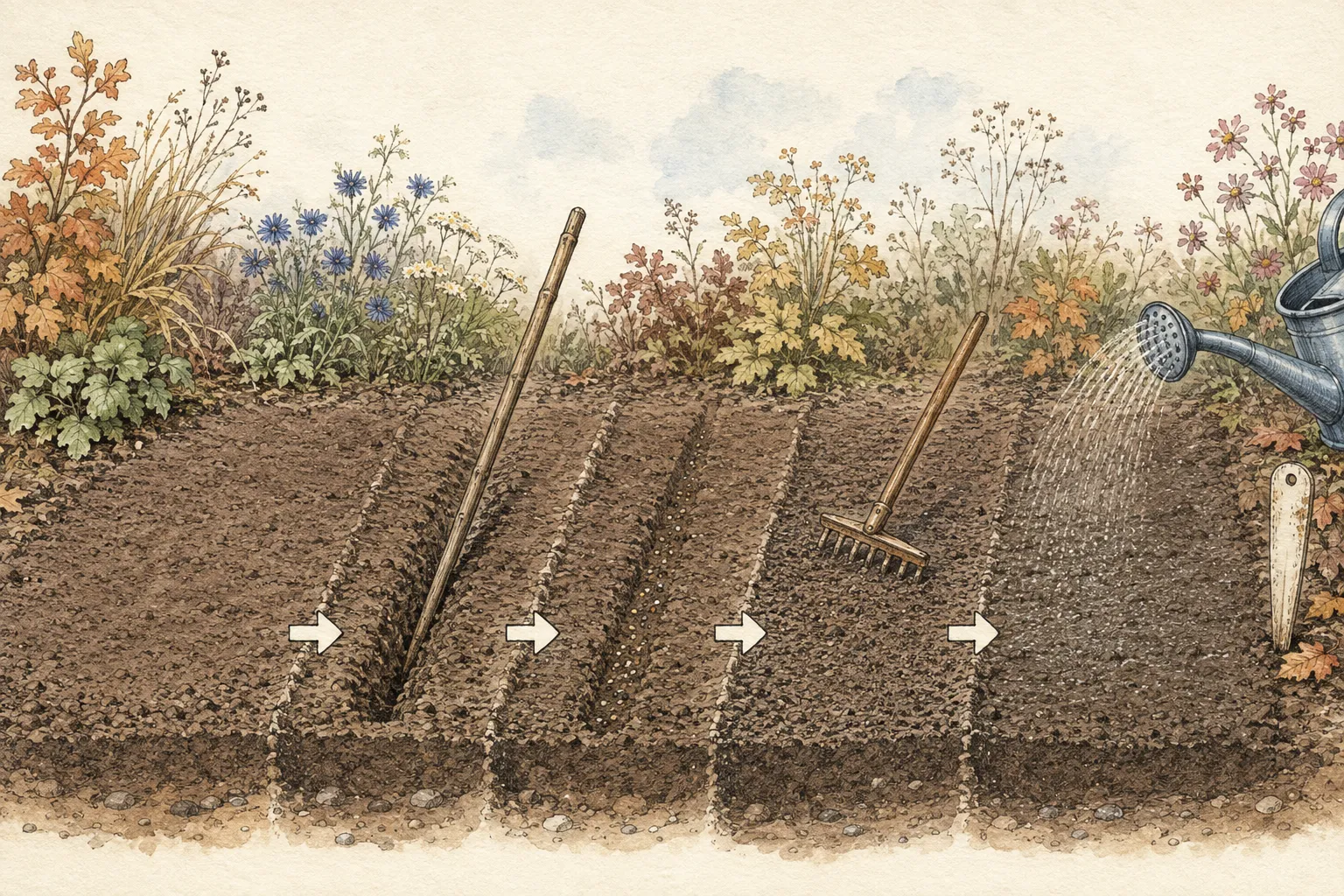 Complete hand-drawn sequence showing a weed-free bed, shallow sowing drill, sparsely placed seed, light soil cover, fine-rose watering, and a plant marker