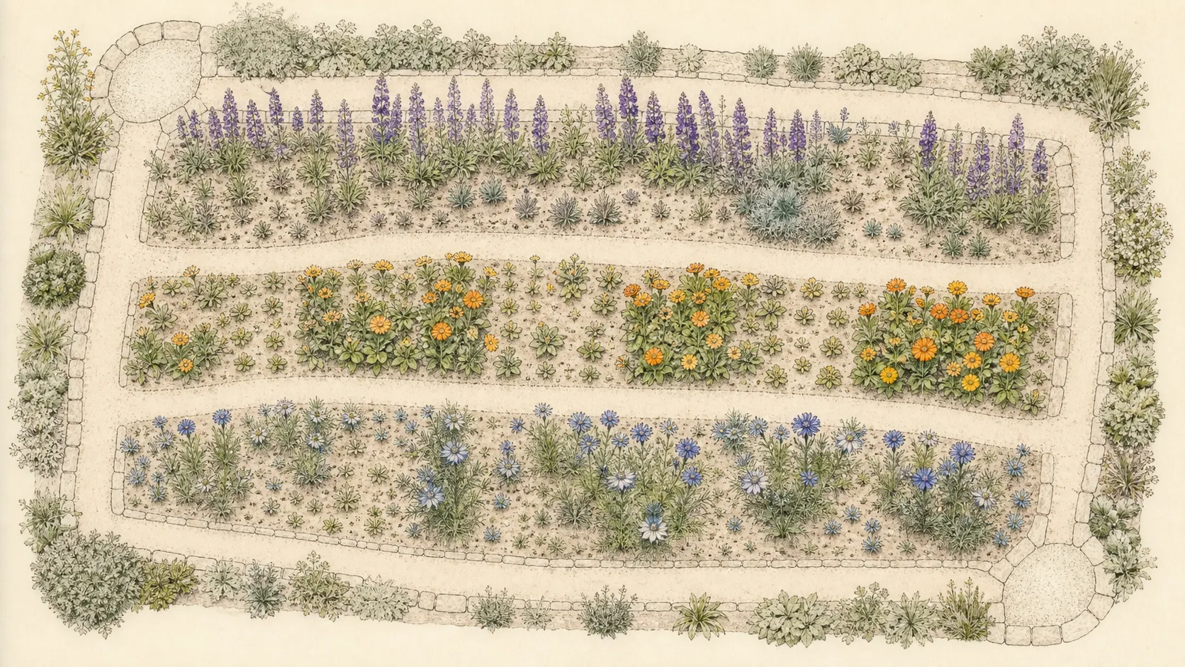 Top-down flower bed plan with three staggered hardy annual sowing bands, access paths and thinning gaps