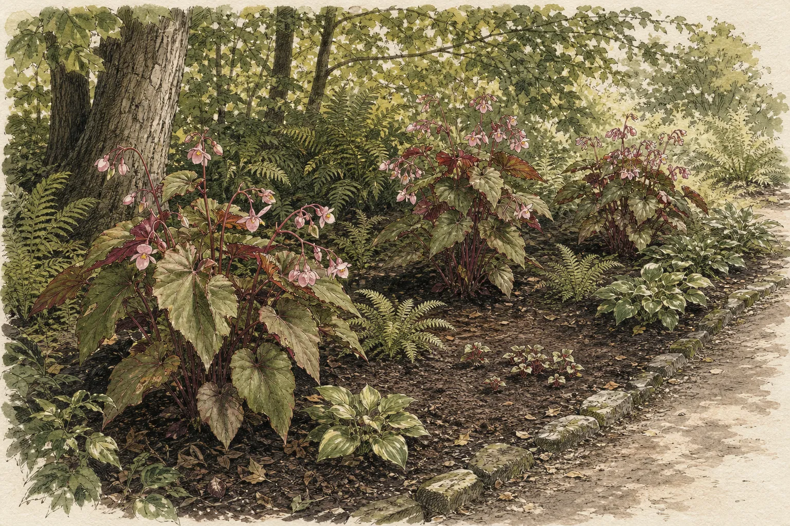 Hardy begonia clumps spaced beside a shaded path with ferns and hostas in a moist woodland-edge border