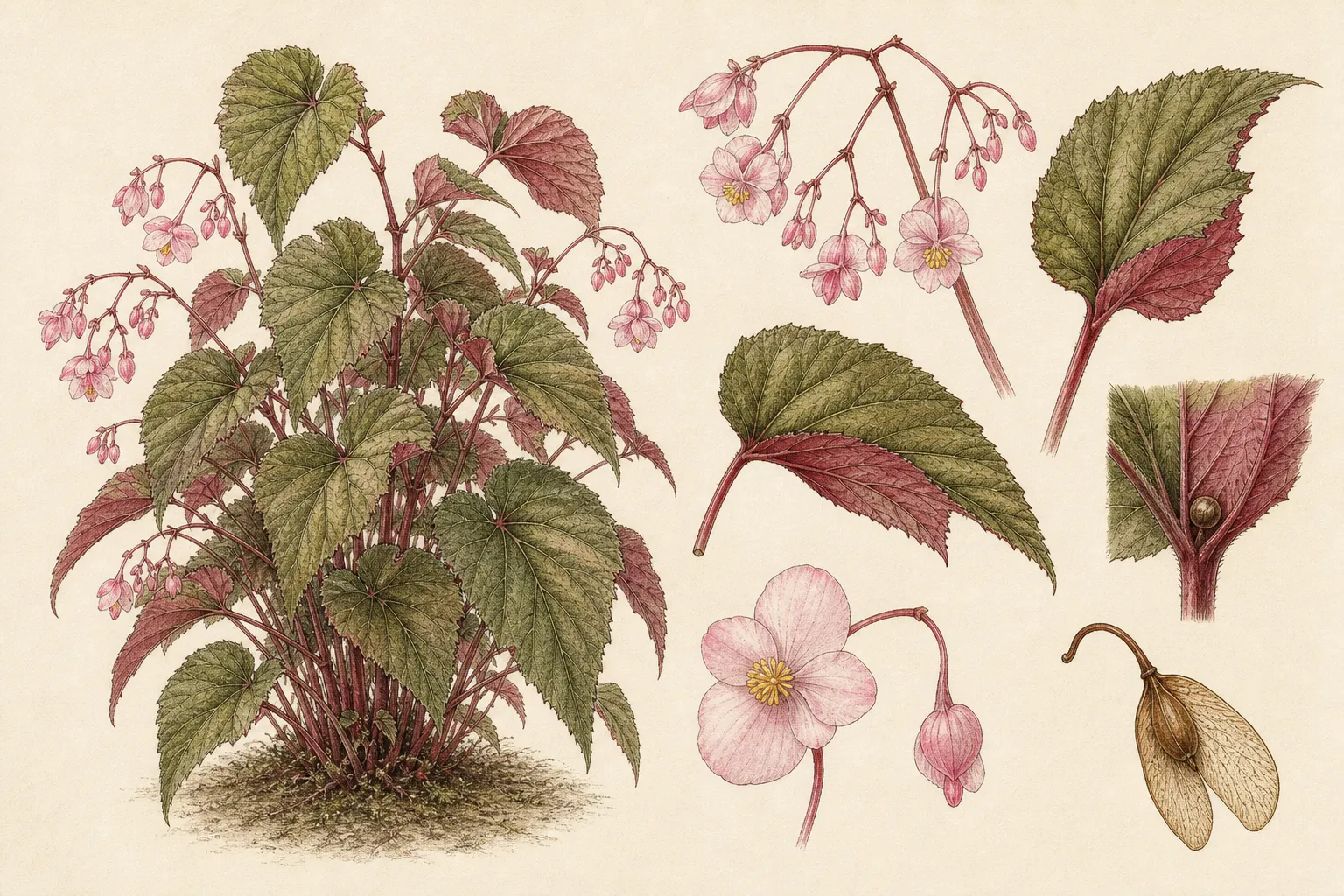 Botanical identification plate of hardy begonia showing the clump, asymmetrical leaves, red undersides, pendant flowers, bulbil and winged capsule