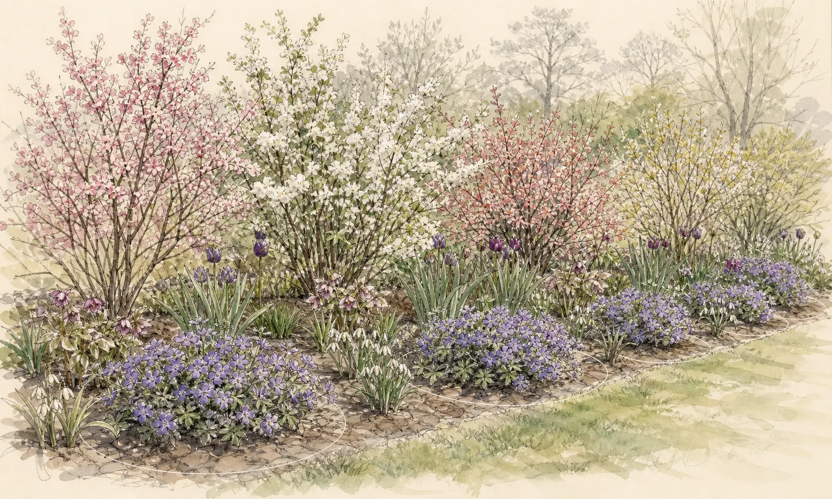 Hardy geranium divisions repeated along a shrub border with mature mound outlines and gaps around bulbs