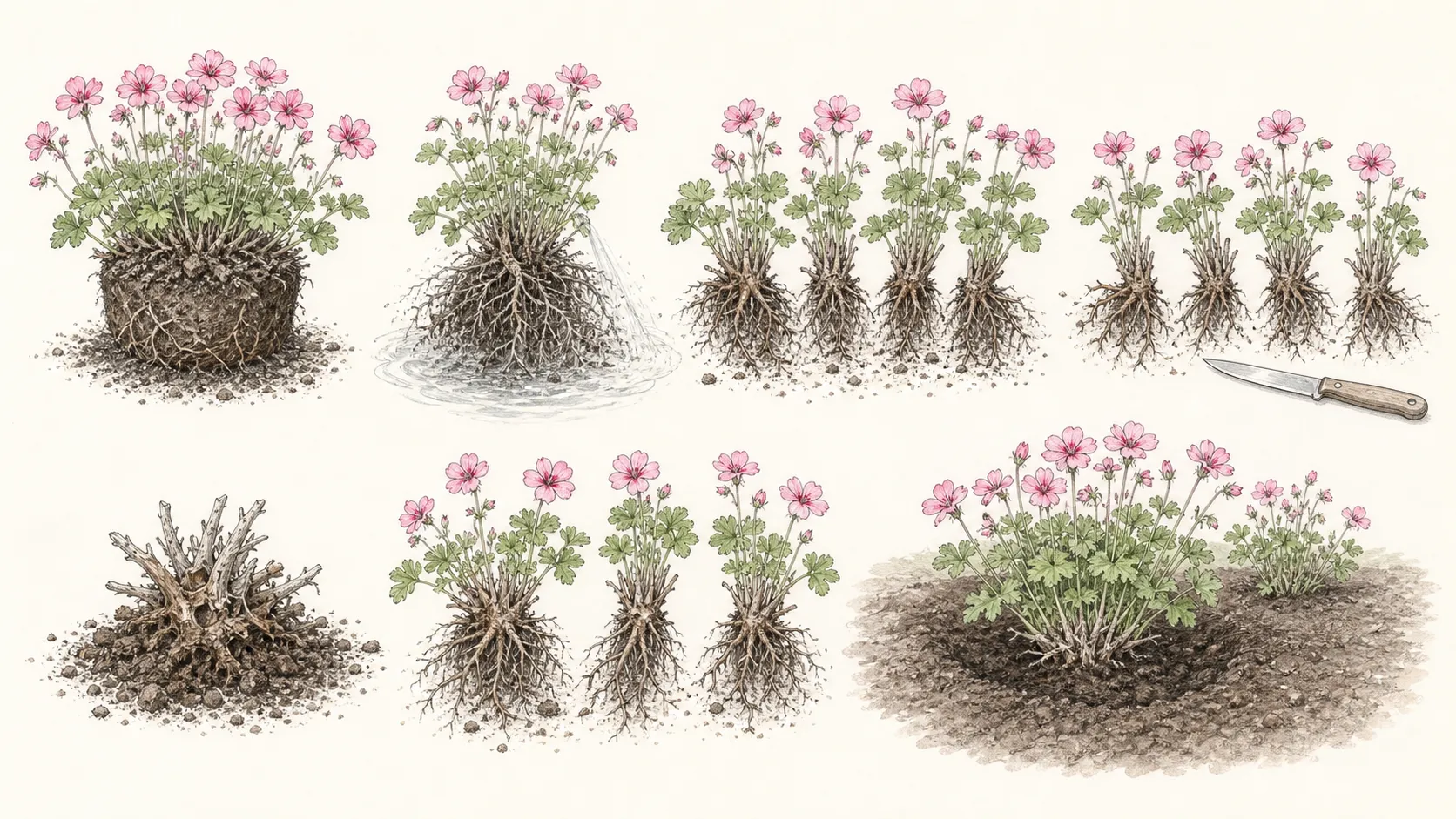 Spring hardy geranium clump lifted, opened along rooted growing points and replanted at crown depth