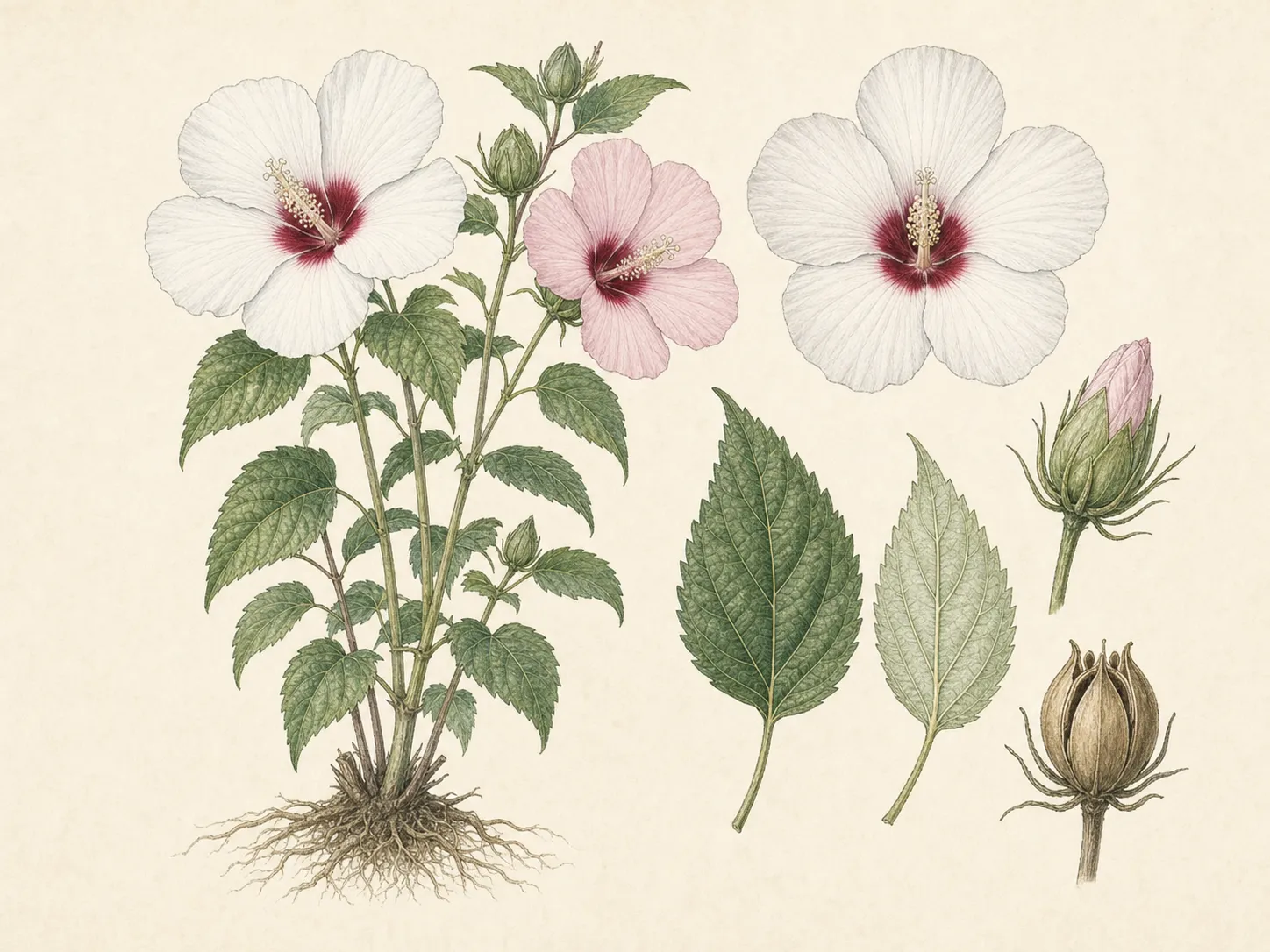 Botanical plate showing the clumping habit, five-petaled flowers, toothed leaves, bud and seed capsule of hardy hibiscus