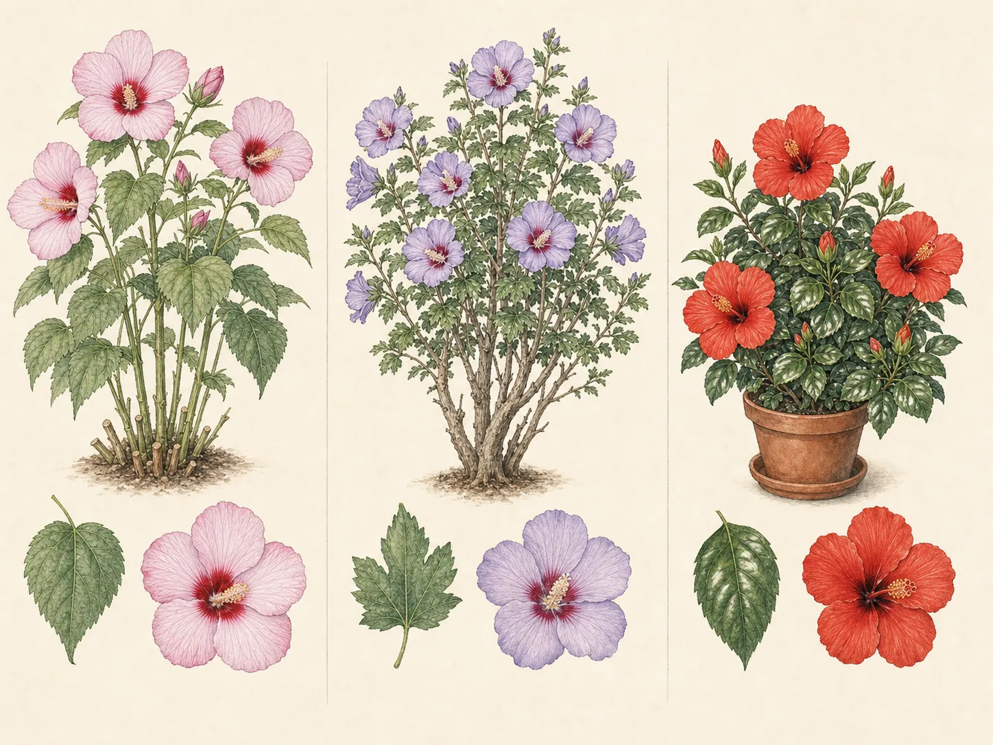 Hardy hibiscus at left as an herbaceous clump, Rose of Sharon at center as a woody shrub, and tropical hibiscus at right as a glossy potted evergreen