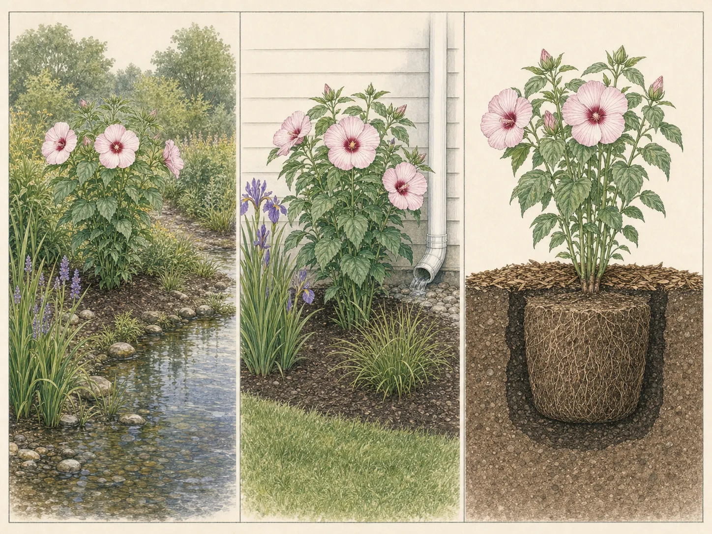Three-panel garden study showing hardy hibiscus in a rain garden, beside a downspout-fed border and planted with its crown at soil level