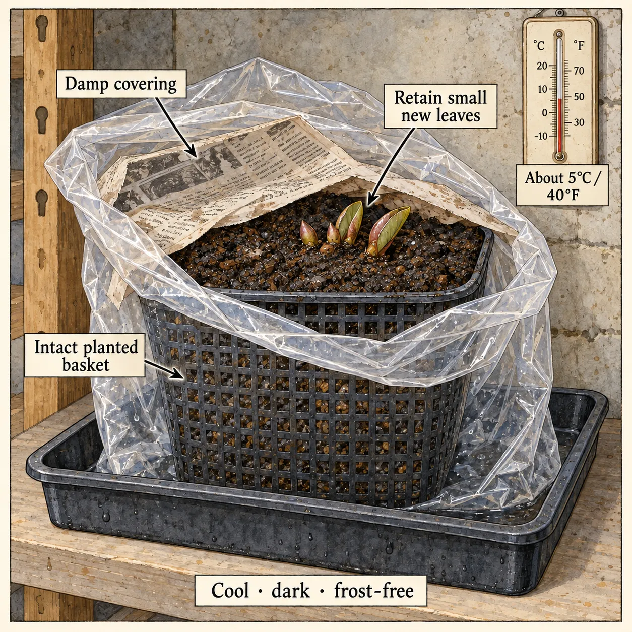 An intact planted hardy water-lily basket sits in a loose plastic bag with damp paper, retained small new leaves and a cool-storage thermometer