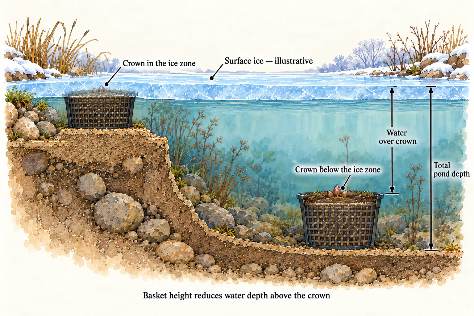 Pond section compares a shallow basket crown within an illustrative ice zone with a deeper crown, showing total depth and water above the crown
