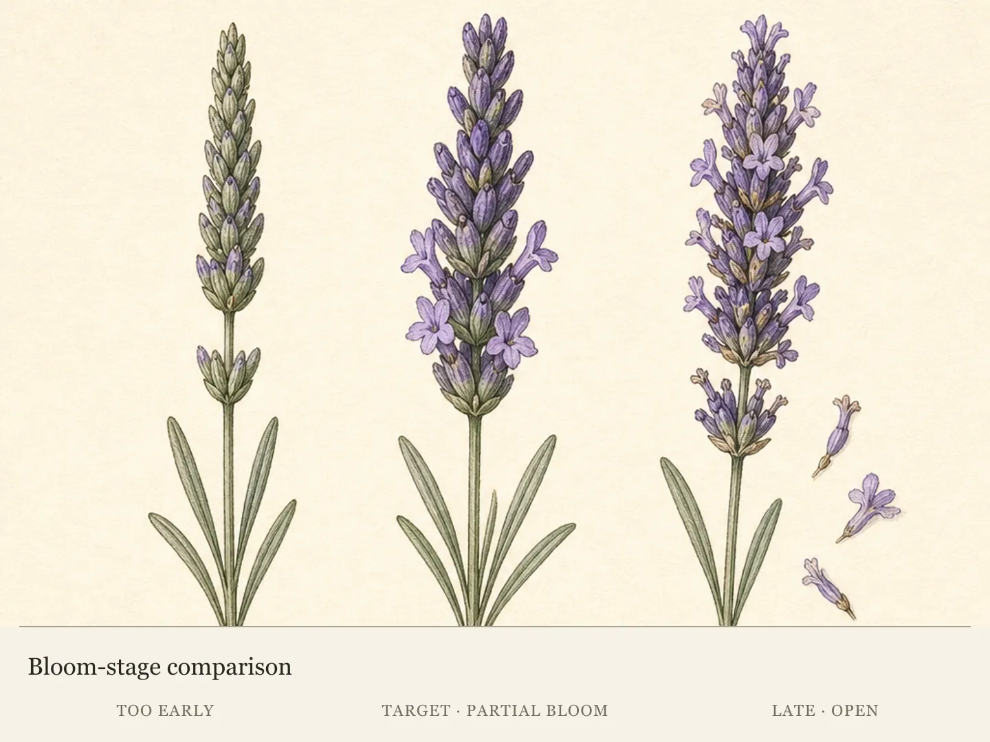 Three English lavender spikes comparing closed buds, the target partial-bloom harvest stage, and a late open stage
