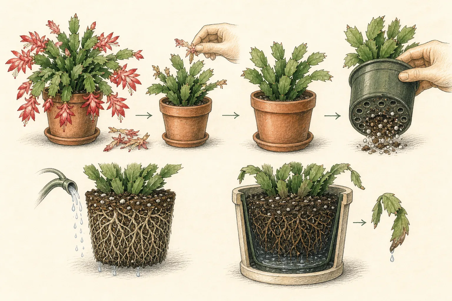 A post-bloom holiday cactus sequence compares spent flowers, a slightly drier rest, drainage inspection, and firm roots in an airy potting mix