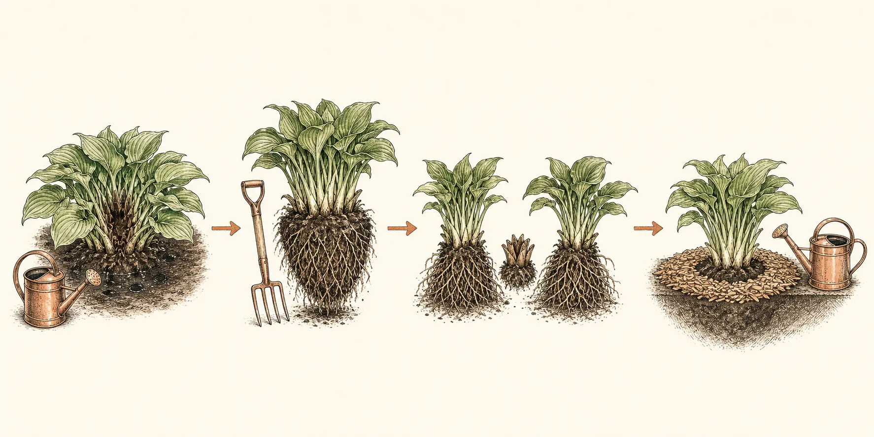 Four-stage hosta sequence showing a crowded clump, intact lifted roots, two substantial divisions, and one division replanted at the original crown depth