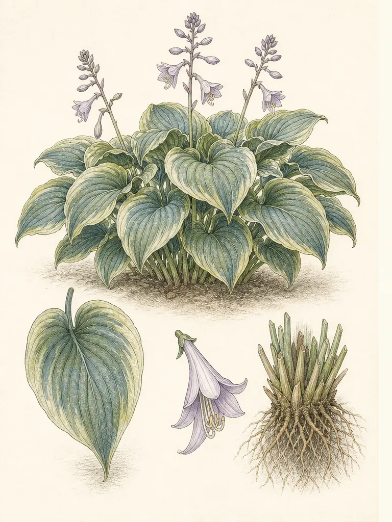 Botanical plate of Hosta plantaginea showing the crown, glossy heart-shaped leaves, parallel veins, flower scape and fragrant white trumpets