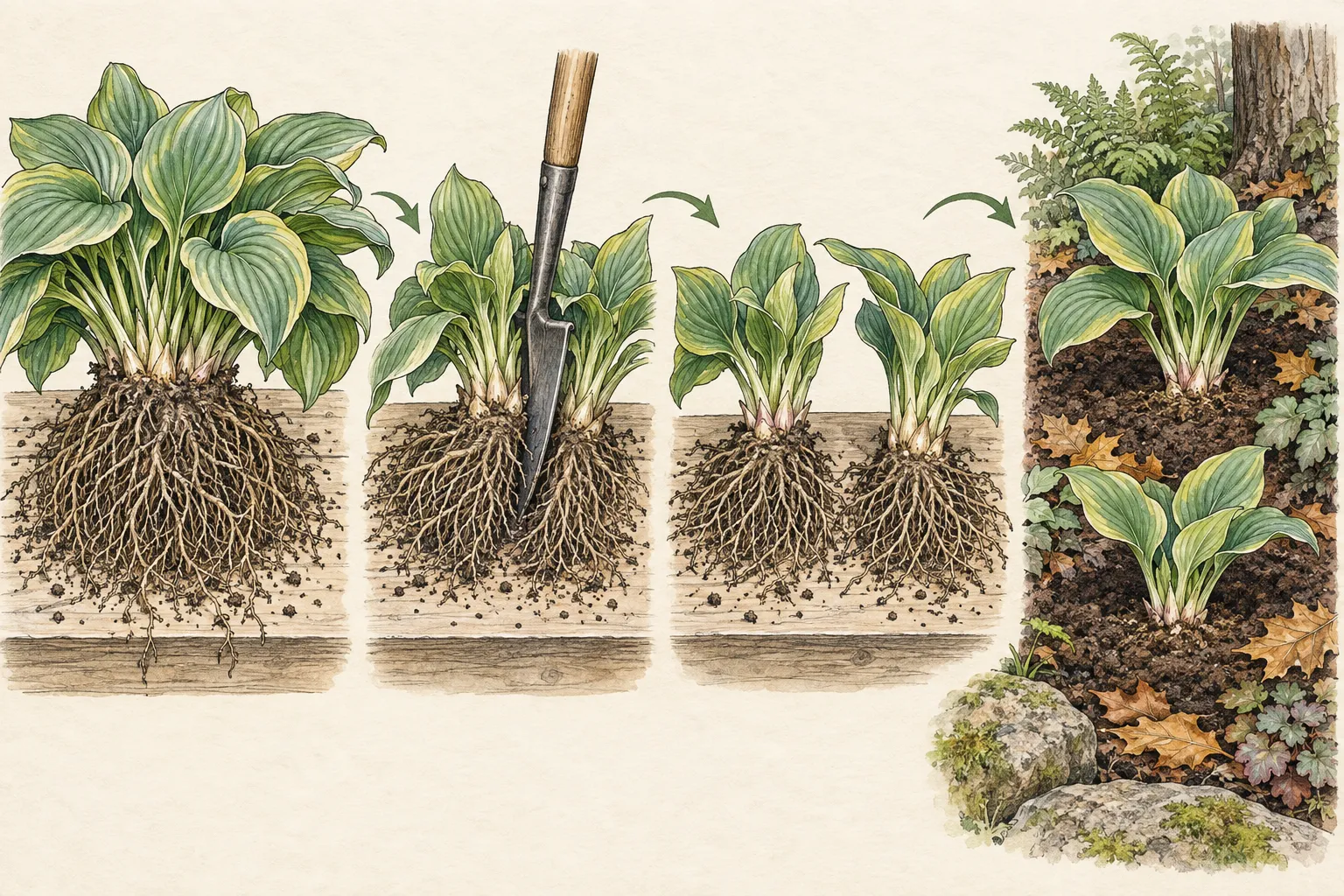 Illustrated sequence of a hosta clump lifted, cut between shoots, separated with roots, and replanted